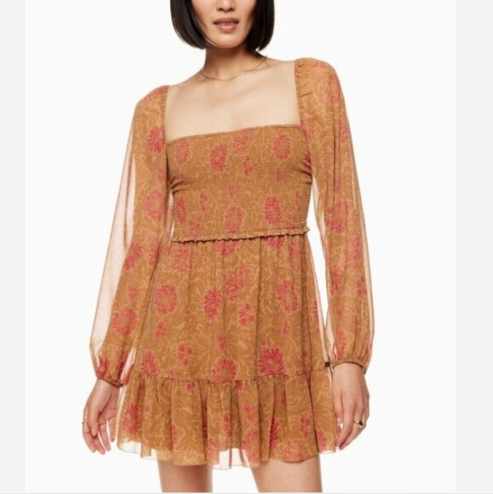 Aritzia Wilfred Tempest Maplewood Rich Chestnut Brown Floral Smocked Mini Dress